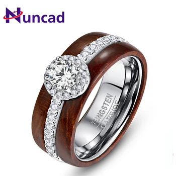 

High Polish Real Koa Wood Ring With Exquisite Silver Inlaid Zircon 100% Tungsten Carbide Ring For Men Women Wedding Jewelry Gift