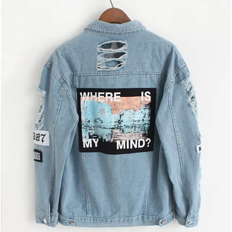 

Where Is My Mind Plus Size XXXL Retro Denim Jacket Embroidery Letter Loose Back Applique BF Denim Coats Hole Outerwear Female