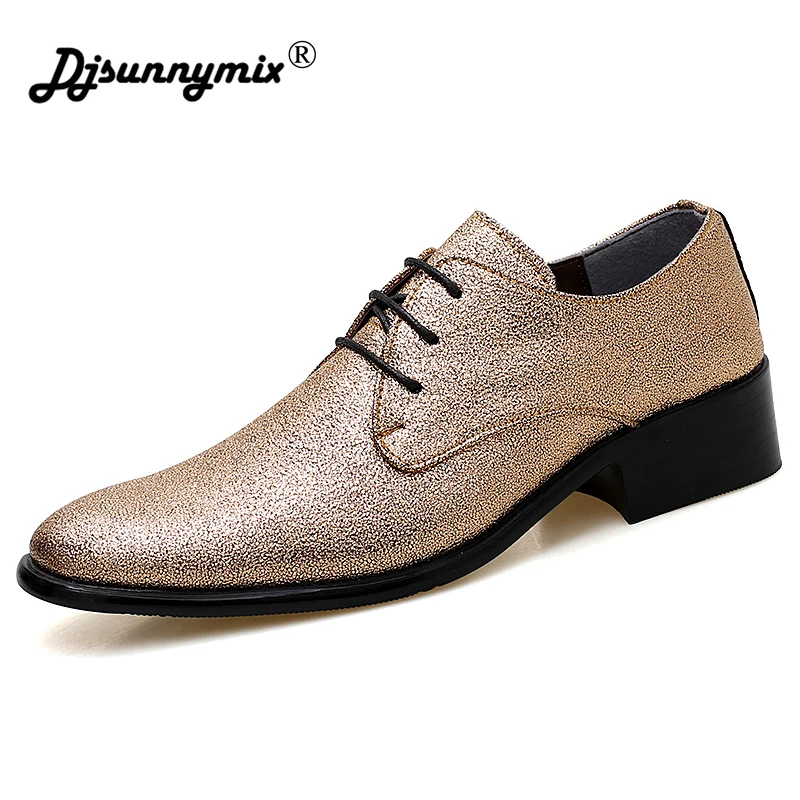DJSUNNYMIX Brands Mens leather flat shoes summer bright business men dress wedding party leather shoes