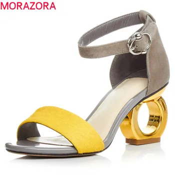 

MORAZORA 2020 hot sale suede leather sandals women horse hair unique high heel sandals Leopard summer party wedding shoes woman