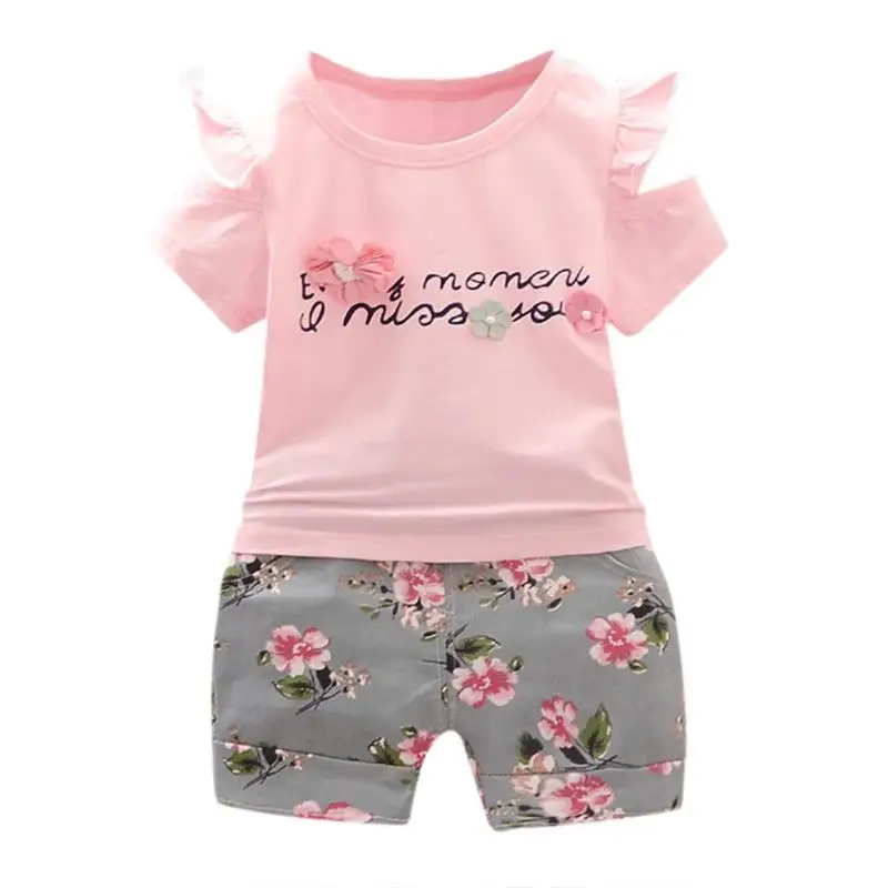 

Summer Girls Letters Floral Print T-shirt Shorts Costume 2pcs/set Child Outfits Suit Short Sleeves T-shirt Casual Cute Outfit