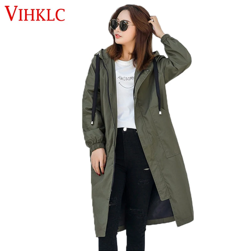 À Longues Tranchée Mince Femmes black Nouveau Femelle 2018 Solide Lâche Manteau Long Manches Occasionnel B917 armygreen Gray Automne Capuchon Outwear Style Rv1R4Zq