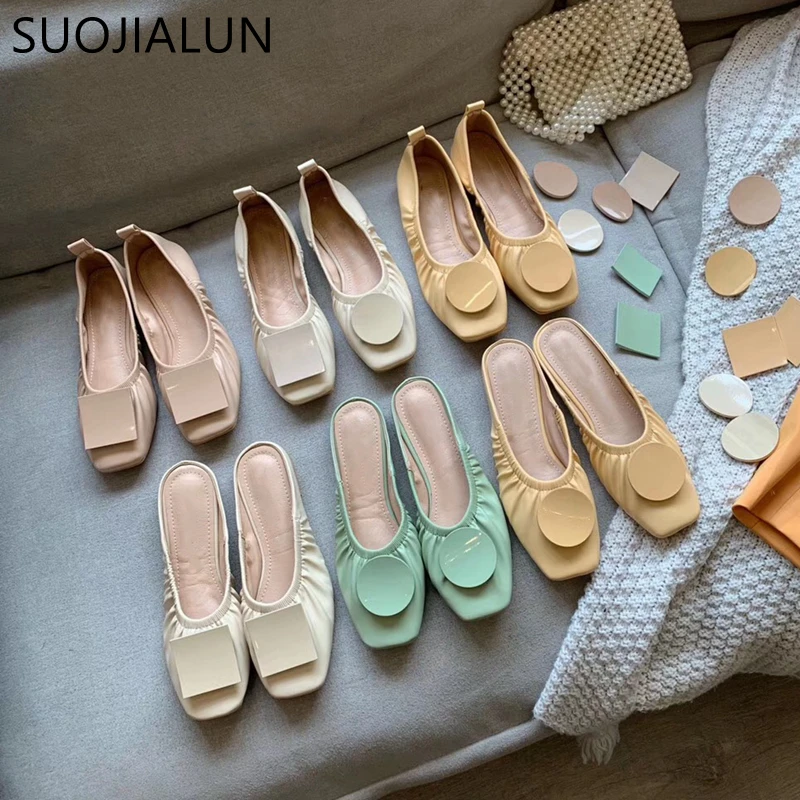 

SUOJIALUN 2019 Summer Flats Ballet Shoes Women Slip On Loafers Round Toe Mules Unique Design Ladies Ballerina Soft Zapatos Mujer