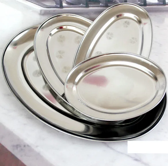 

4pcs Stainless Steel Tray Dish Salad Hotel Tableware Fish Plate Barbecue Plate Kitchen Cooking Tool Bowl Flat Plate Canteen