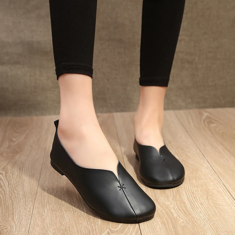

Genuine Leather Shoes Woman for Autumn 2019 Retro Flats Retro Shallow Breathable Round Head Female Loafers size 35-40