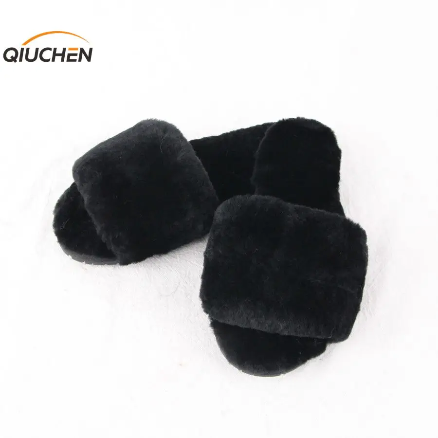 

QIUCHEN PJ1841 2018 NEW winter women shoes real sheep fur slipper luxury indoor slides flats home sandals merino sheep fur