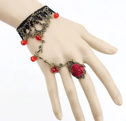 Готический браслет черный кружевной палец рука цепь ЖГУТ женский браслет Металлический Кристалл Шарм стимпанк Леди Винтажные Ювелирные изделия - Окраска металла: Red