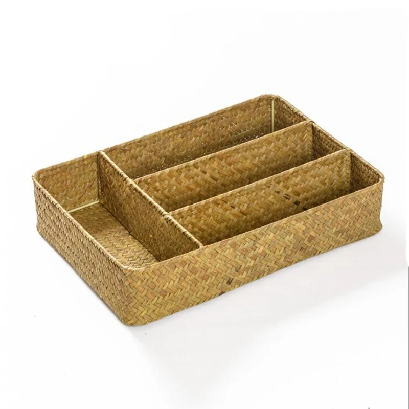 4 Lattice Handmade Seaweed Weave Storage Box for Cosmetics Straw Patchwork Folk Craft Wicker Rattan Sea Grass Kitchen Organizer | Дом и сад