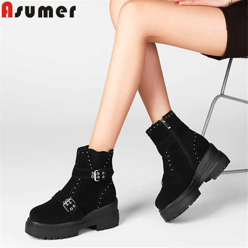 

ASUMER 2019 hot sale new ankle boots women round toe zip suede leather boots platform wedges shoes buckle autumn winter boots