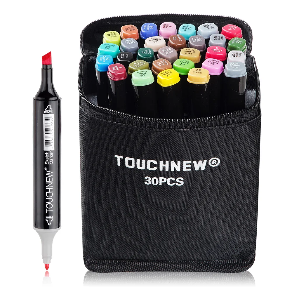 

TOUCHNEW Sketch Marker Pen 30 Colors Set Dual Headed Alcohol Art Markers Standard Design Model Black Body + Carry Bag