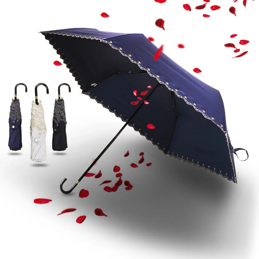 

Lady Woman Fashion Lace Sunny Rainy Umbrella Summer Ourdoor Sunscreen Protection Alloy Three Fold Hand Open Ultra-light Umbrella