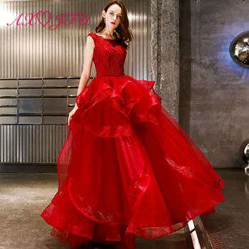 

AXJFU luxury princess red lace flower evening dress o neck vintage beading sparkly beach ruffles red evening dress