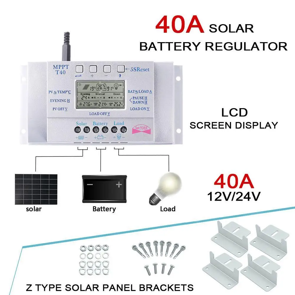 

LCD 40A 12V/24V MPPT Three-time Solar Charge Controller  LCD Display Charger Controller Regulator Panel + Z Shape Bracket EH