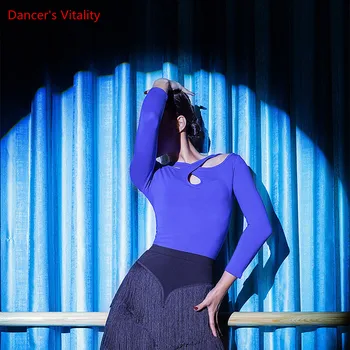

New Latin Dance T-shirt top Women Long Sleeve Modal Top Sexy dancing unifom Neck Dancer Practice Blouse 2XL Free Shipping