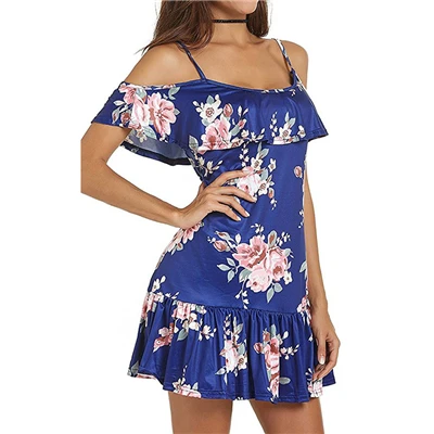 Женское летнее платье с открытыми плечами, цветочное мини-платье на тонких бретелях, Пляжное Платье - Цвет: Blue