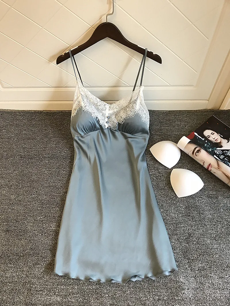 Women's Sleepwear Silk Satin Nightgowns Summer Sexy Lace Sleepshirt Night Dress Night Gown With Chest Pads Nightwear Lingerie 19