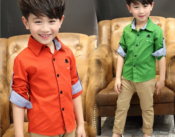 Коллекция года, Весенняя детская одежда однотонные хлопковые рубашки с длинными рукавами и отложным воротником для маленьких мальчиков, Детская Повседневная рубашка, Топ