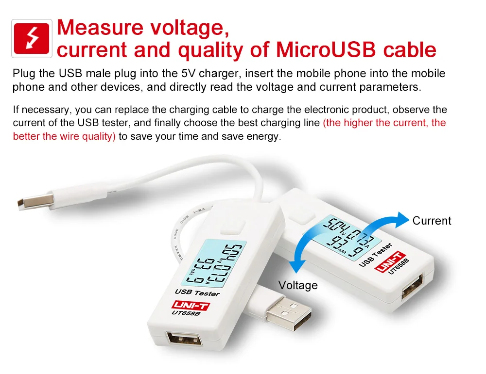 USB тестер UNI-T UT658 UT658B мобильный телефон ноутбук мобильный мощность безопасности монитор 3,0 V-9,0 V/0.0A-3.0A Предупреждение ЖК-дисплей