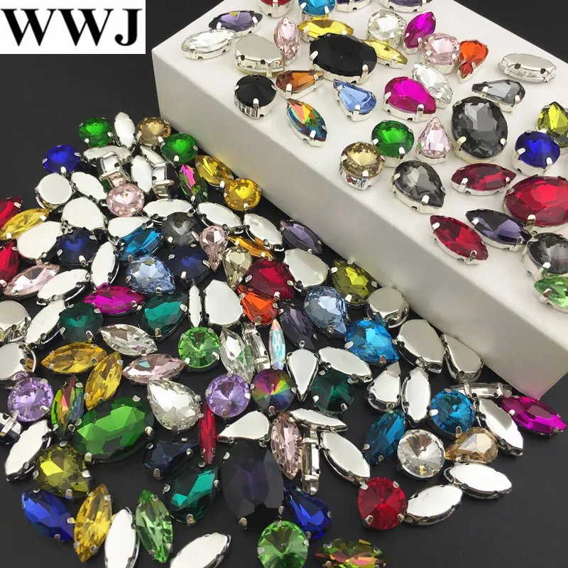 

100pcs Mix colors sizes shapes Sew On Stones Sewing Glass Crystal Beads with silver-claw setting For jewelry,dress decoration