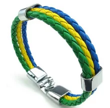 Jewelry Mens Womens PU Leather Braided Soccer Fan Nation Wristband Team Feather Bracelet Brazil Flag Cuff Green Yellow Blue