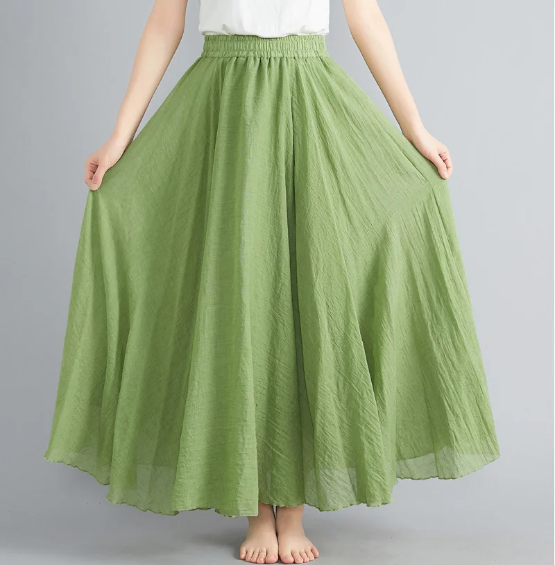 Длинные хлопковые юбки женские летние модные богемные Beho пляжные эластичные Высокая талия большой круг низ карамельный цвет Лен Макси ЮБК - Цвет: Grass Green
