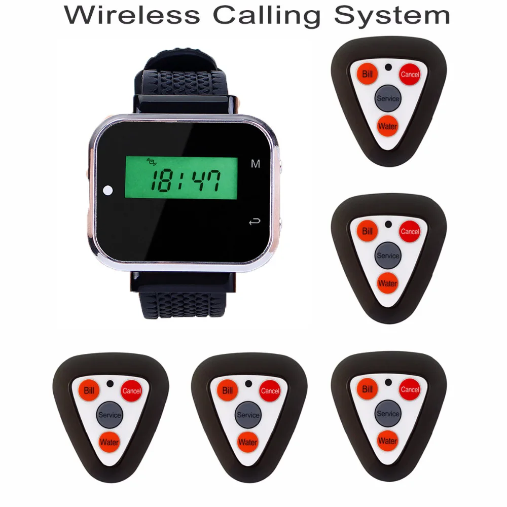 433.92MHz Restaurant Pager Wireless Calling System Restaurant Pager 1 Watch Receiver + 5 Call Button F3298F