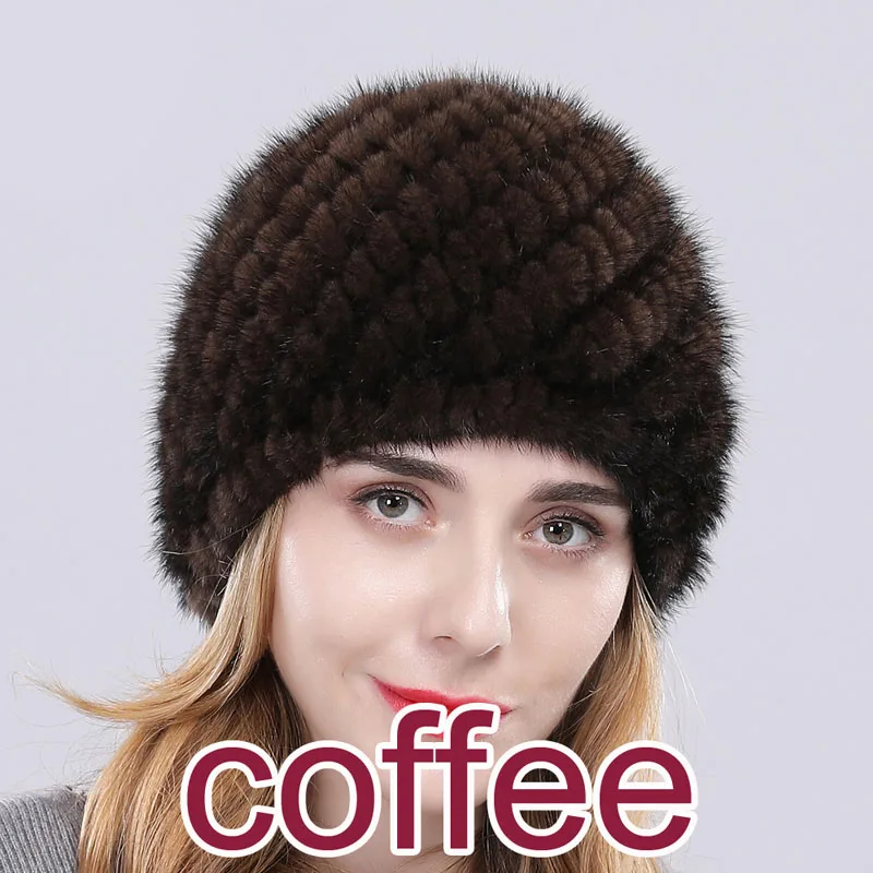 new arrival women real mink fur hat classic knitted genuine mink cap elastic warm brand wool lining thick fashion - Цвет: coffee