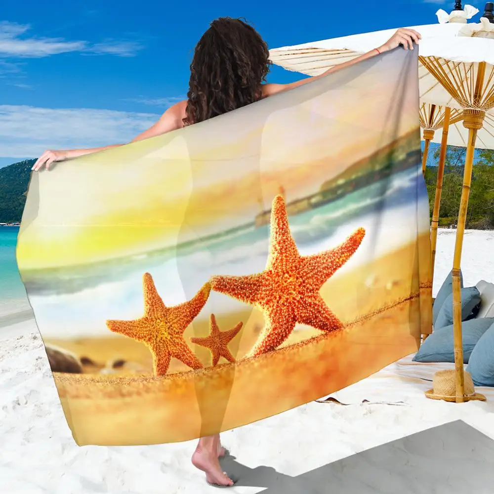 

Golden Starfish Family Beach Towel Large Chiffon Scarf Beach Shawl Swimwear Cover-ups Chiffon Sarong Window Screening Tapestry