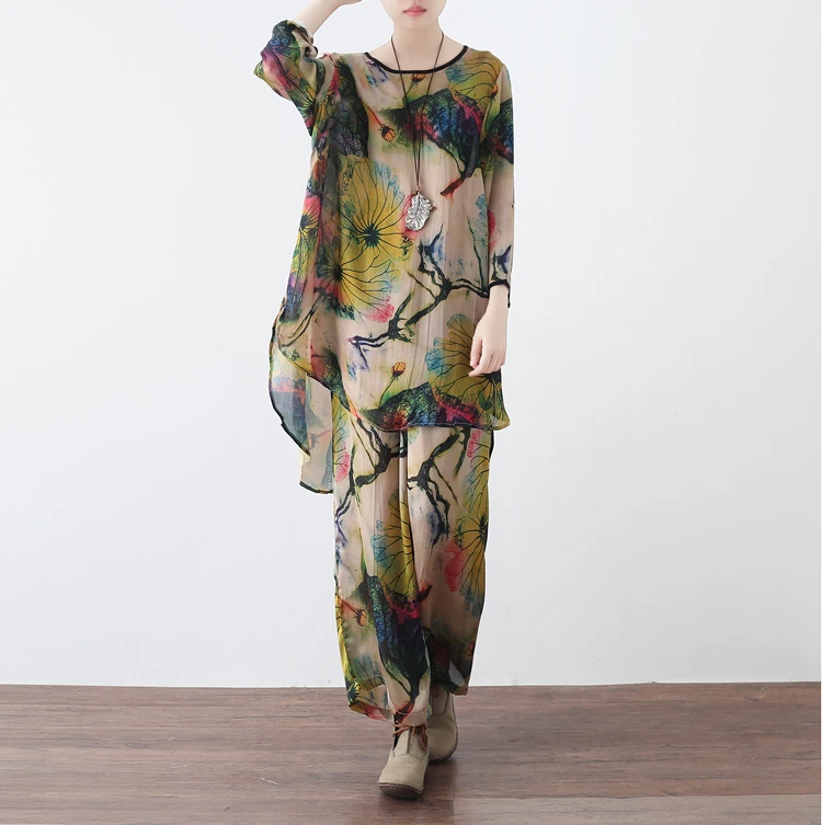 

2019 New Summer Literary Retro Abstract Landscape Painting Soft And Silky Suit Loose Shirt And Wide Leg Pants Female Love
