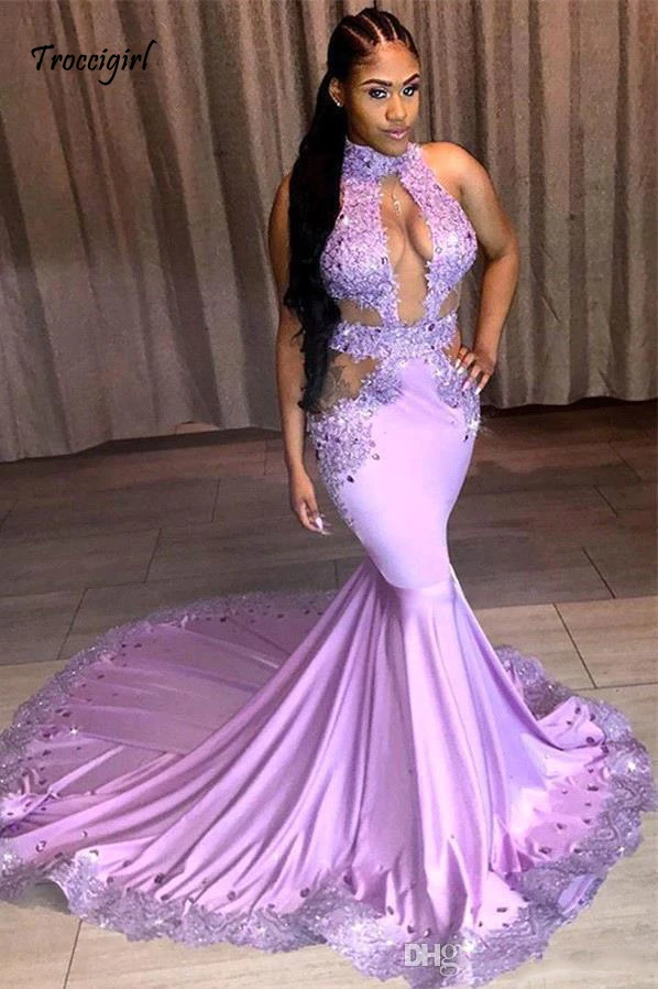 40-1               Lavender Mermaid Prom Dresses 2019 Sexy Keyhole Neck Cutaway Sides South African Girls Evening Party Vestidos Appliques BC1316