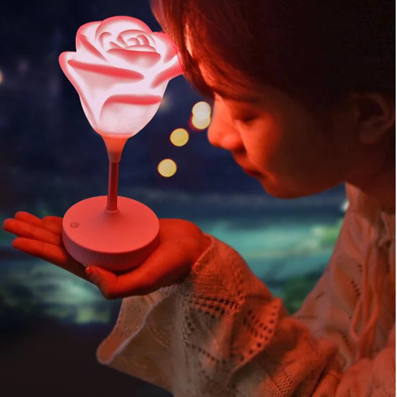 USB Rechargeable LED 3D Rose Flower Night Light New Romantic Touch Dimmer Atmosphere Night Baby Nursing Lamp 1