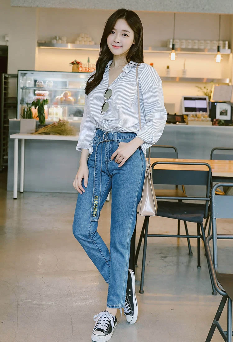 Nonis 2018 осенью новый Для женщин Сладкий Sash вышивка Прямые джинсы для девочек свободные без эластичные джинсовые штаны Trouisers Большие размеры