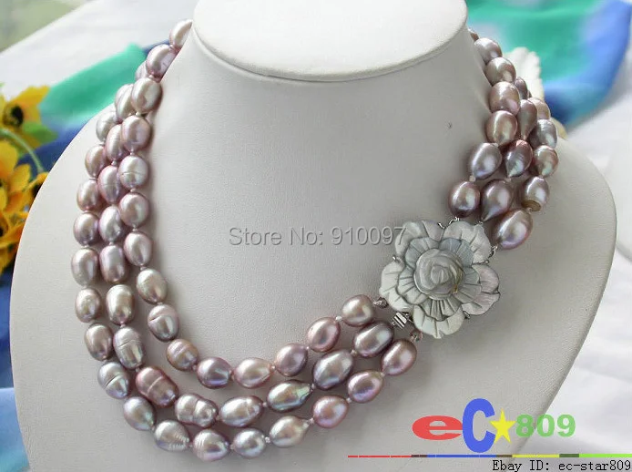 

free shipping >>>3row 12-14mm lavender rice FW cultured pearl necklace 17"18"19