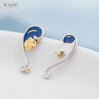 

Luxury 925 Sterling Silver Small Stud Earrings Vintage Van Gogh Moon Star Enamel Earing For Women Party Brincos Tiny Earrings W3