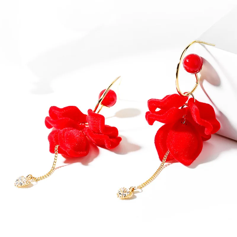 

Bilincolor fashion trendy red flannelette big flower long drop earring for women