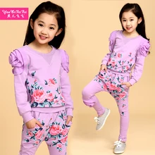 140 см, 1 предмет, комплект одежды для девочек, рубашка с длинными рукавами и цветочным принтом+ штаны с узором из роз, комплект одежды для девочек, весенне-осенний Детский комплект принцессы