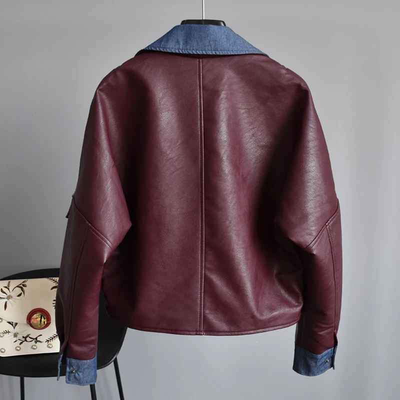 Ly Varey Lin весенняя куртка из искусственной мягкой кожи Женская Осенняя мотоциклетная куртка на молнии с заклепками джинсовая Лоскутная кожаная куртка верхняя одежда