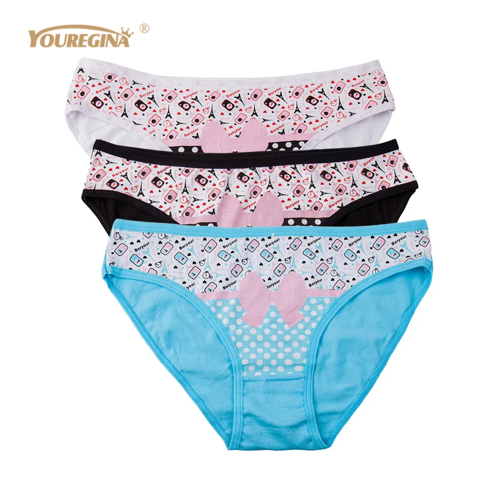 

YOUREGINA Women Sexy Bowknot Solid Soft Pure Color Patchwork Lace Briefs Underwear Print Cotton Bikini Panties 3pcs/lot M L XL