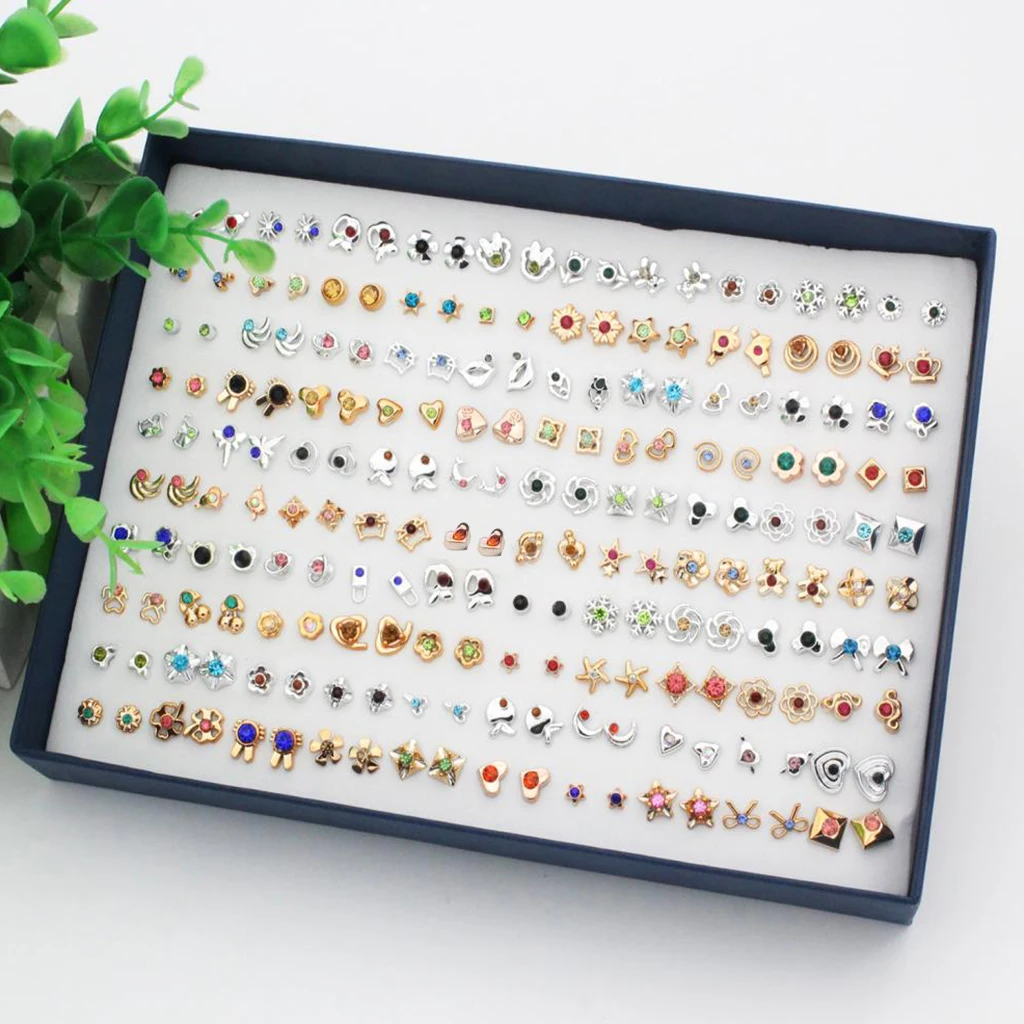 100 Pairs Wholesale Lots Simple Resin Stud Earrings Set Fashion Cute Crystal Rhinestone Ear Studs with Storage Box