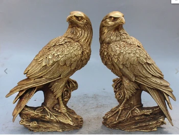 

ymying 1016+++++9"Marked Chinese Brass Lanneret Tercel JiXiang Fly Bird Eagle Animal Statue Pair