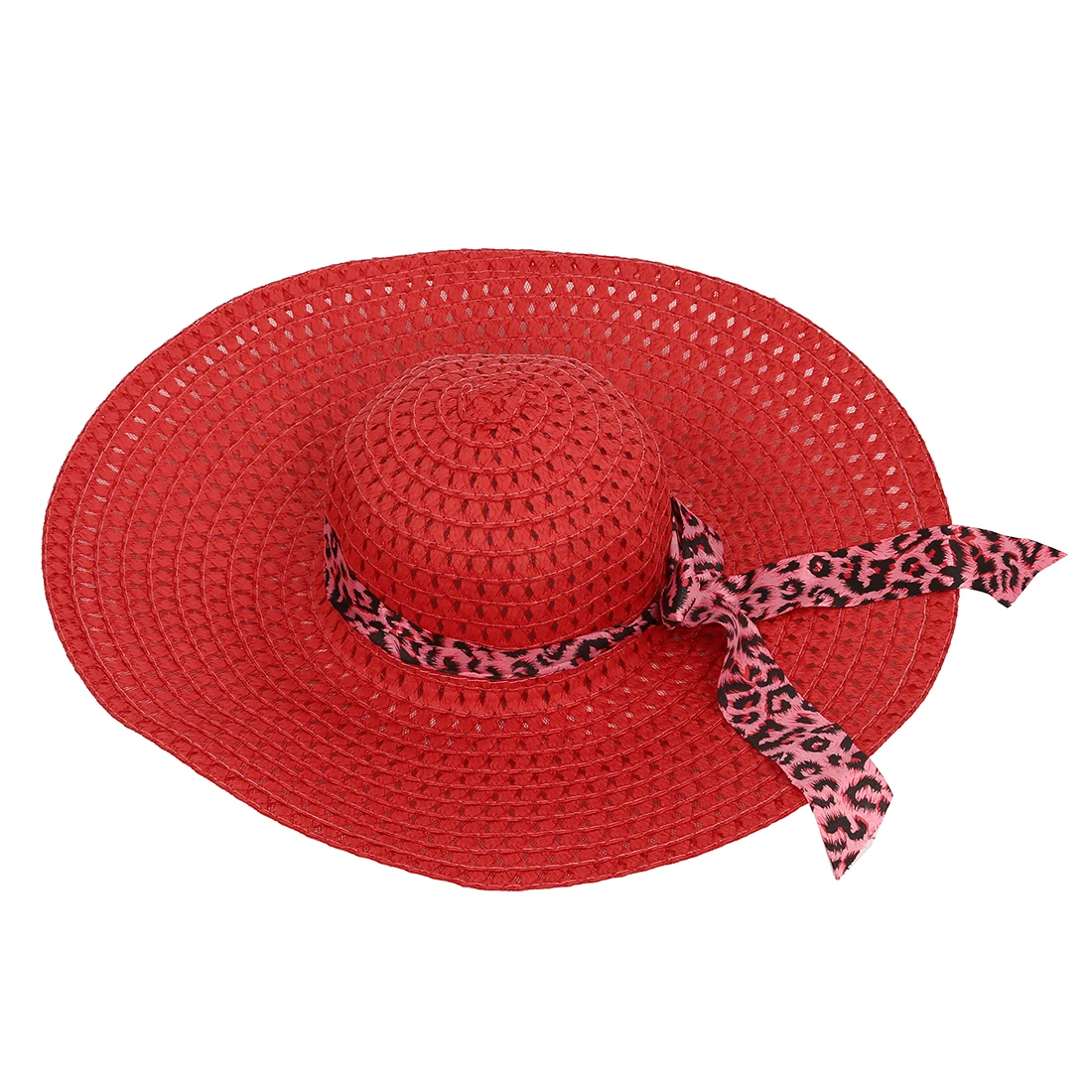 

Red Summer Exquisite Leopard Ribbon Bowknot Decorated Openwork Sun Hat For Women