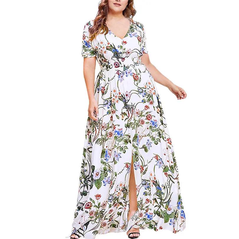 New Women Summer Plus Size V-neck Casual Bohemian Off-Shoulder Ruffled Banded Long Dress Elegant Beach Dress vestidos #4A26 (3)