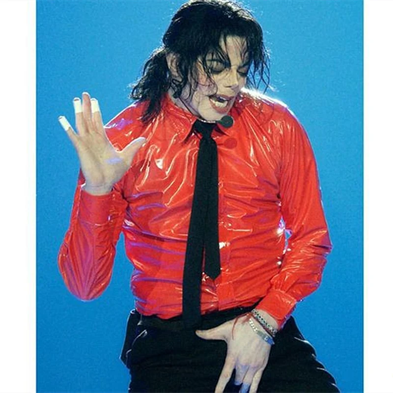 MJ In Memory of Michael Jackson Red Thin Shirt PU Leather Dangerous Jam Magic Tape VEL-CRO Shirt Tie For Dancer Quikly Change