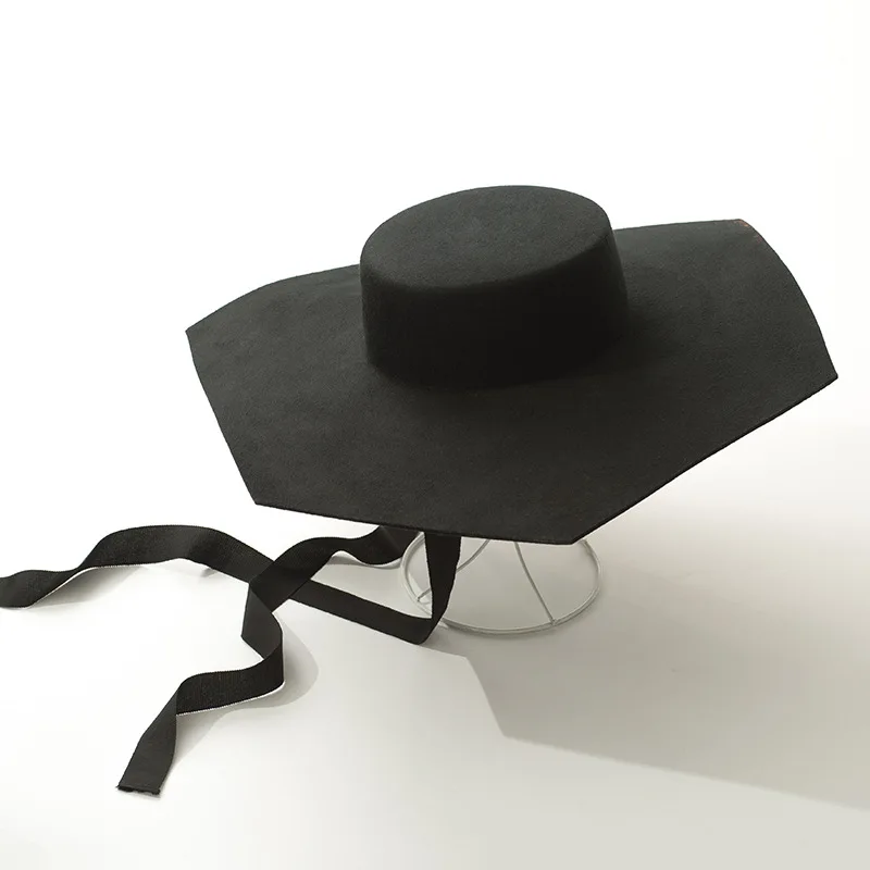 Евро-американский стиль, шестиугольная плоская шляпа с большим карнизом, для шоу на сцене, вогнутая форма, завязанная плоская вершина, фетровая шляпа, черные шляпы, пляжные шляпы