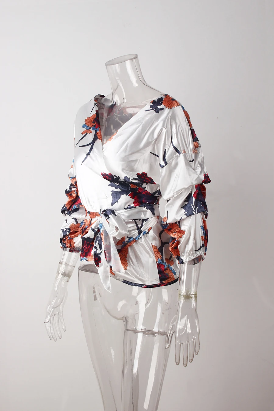 Elegant Women Spring Summer Shirts Boho Style Floral Print Chiffon Tops Blouse V-neck Belt-Bow Shirt Fashion Women's clothing (19)