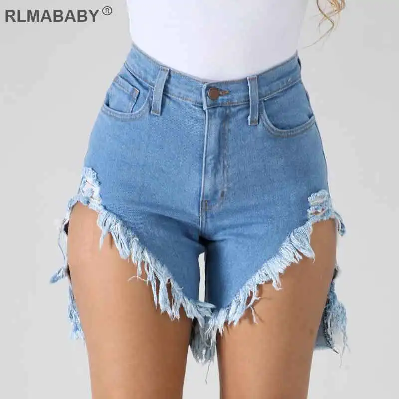 Light Blue Летние rlmababy рваные джинсы с бахромой женские шорты плюс размер высокая талия джинсовые Короткие повседневные стрейч Клубные пляжные сексуальные шорты - Цвет: Light Blue