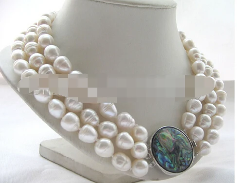 

FREE SHIPPING>@@> N3465 3row 14mm white baroque rice freshwater pearl necklace - abalone shell