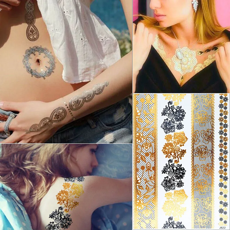MANZILIN 8pcs/set Temporary Tattoo Body Art Henna Lace Gold Silver Designs Flash Tattoos Sticker Waterproof 21*15cm AC71 | Красота и