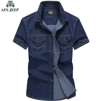 AFS JEEP Denim Hombre, Хлопковая мужская рубашка с коротким рукавом, брендовая джинсовая рубашка, мужские повседневные рубашки размера плюс M-5XL, Повседневная рубашка - Цвет: Picture Color