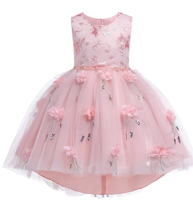 Летняя детская одежда платья для девочек Новые Вечерние платья принцессы с цветочной вышивкой Свадебные платья Tutu Детские костюмы От 3 до 12 лет - Цвет: Pink